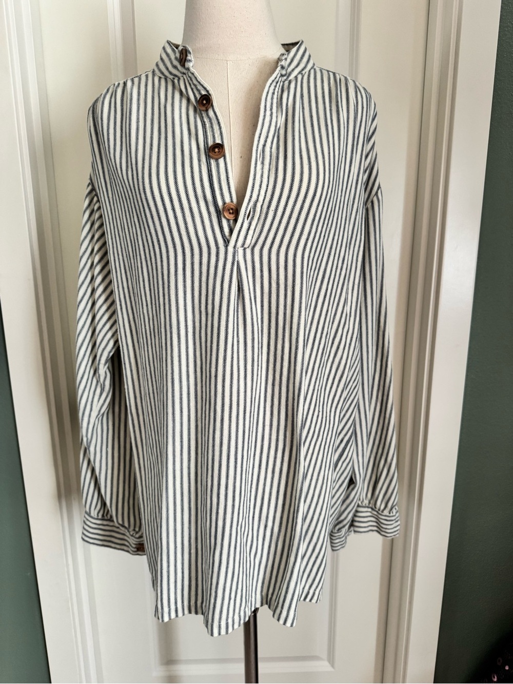 J. Peterman White and Navy Vertical-Stripe Button Front Shirt